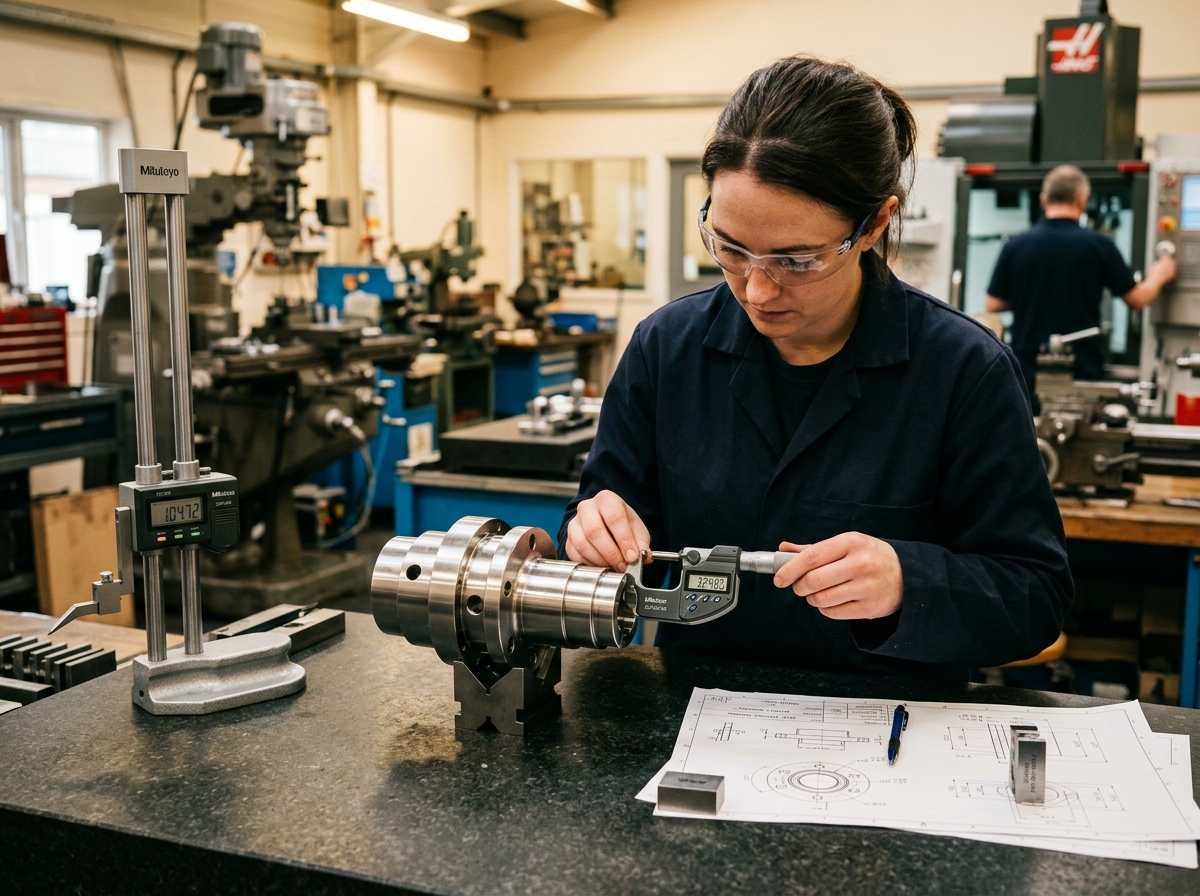 Coretech quality control inspection measuring machined tolerances on a granite surface plate