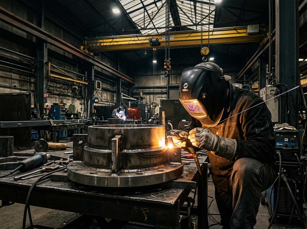 Skilled welder performing TIG welding on heavy steel industrial flange in workshop