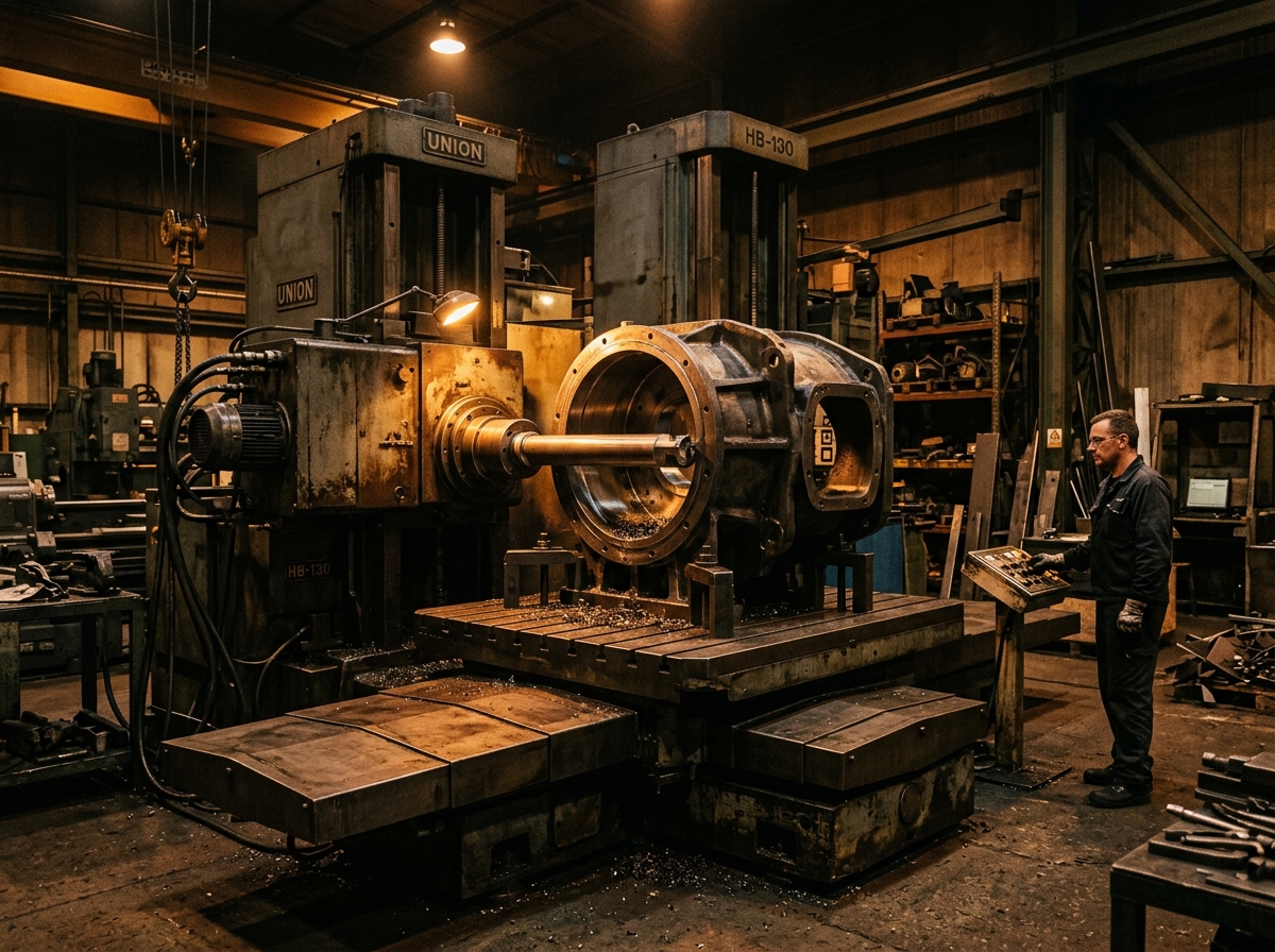 Horizontal boring machine working on a large industrial housing component