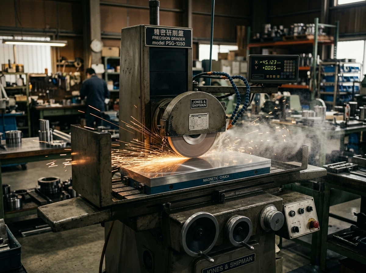Surface grinding machine finishing a precision steel plate with sparks and coolant mist