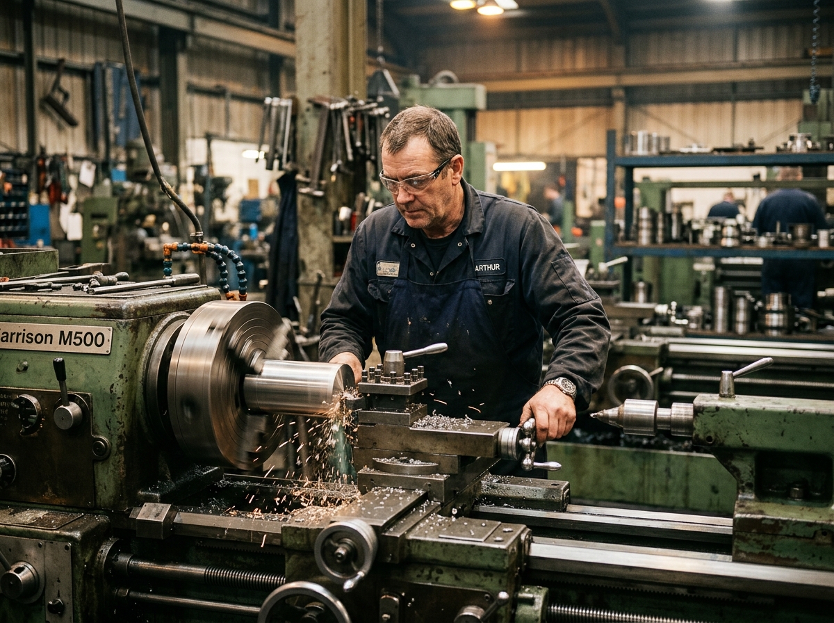 Machinist operating a conventional heavy-duty lathe turning a large steel cylinder