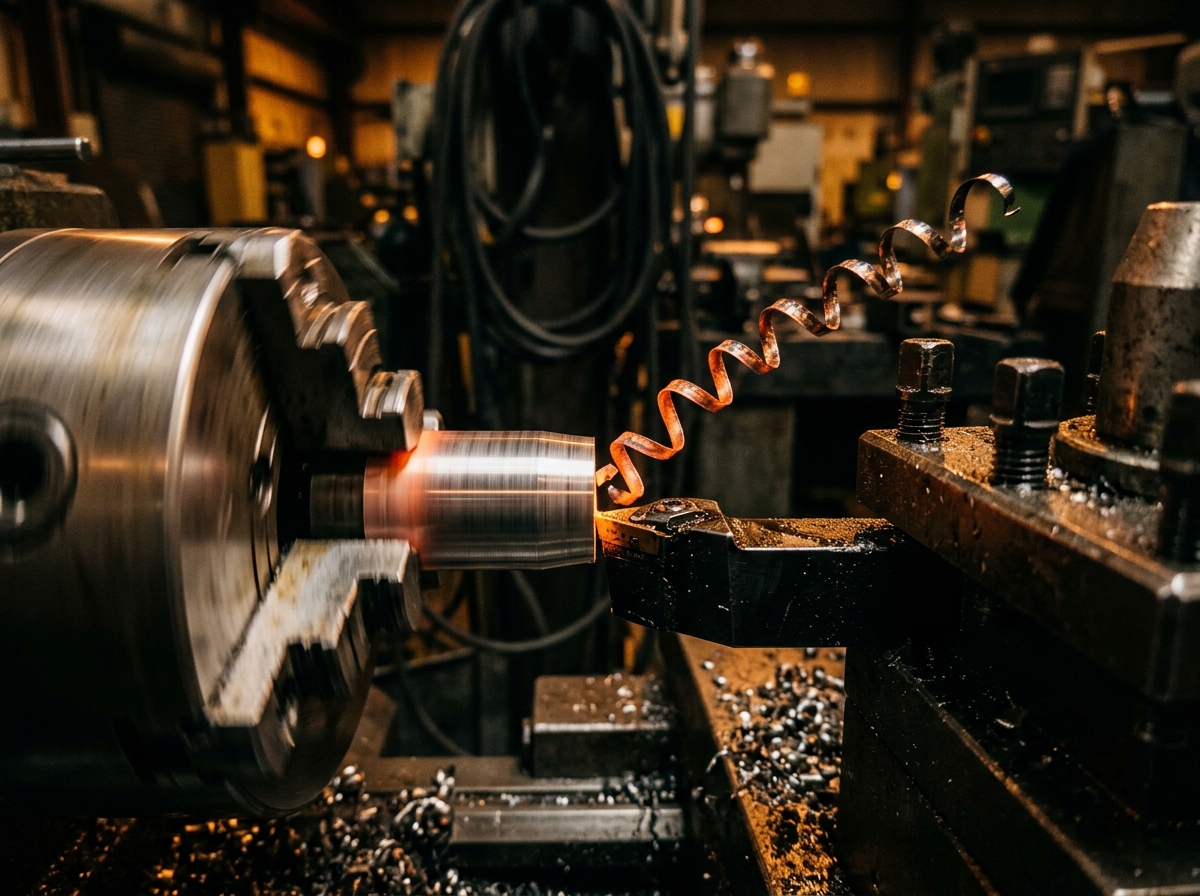 CNC lathe in operation with metal chips and warm workshop lighting
