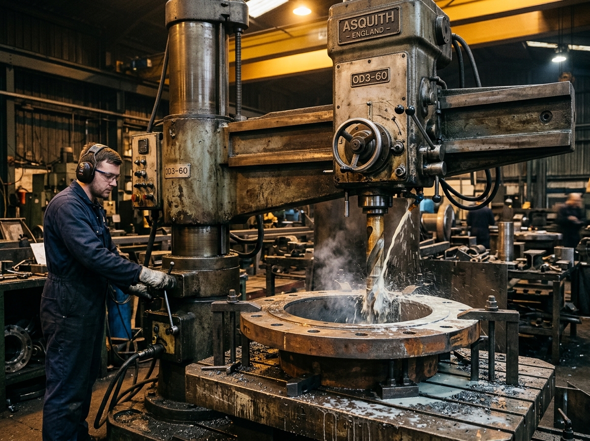 Heavy radial arm drilling machine boring precision bolt holes into a steel flange