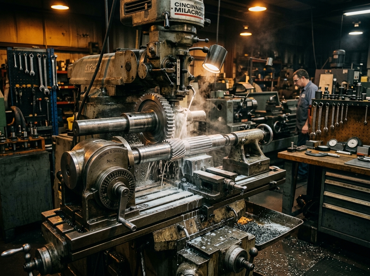 Universal milling machine cutting helical gear splines on a shaft with dividing head