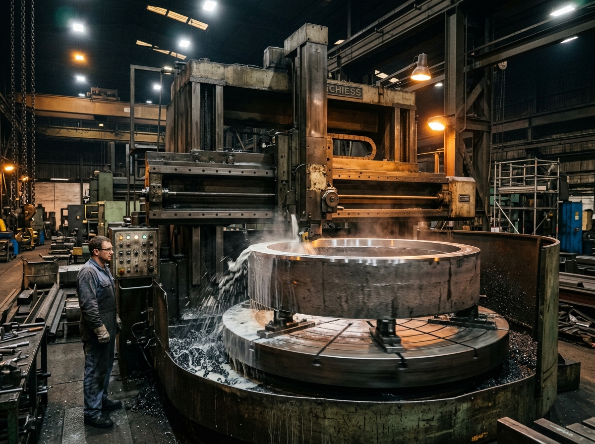 Large vertical turret lathe machining a heavy diameter ring casing with coolant stream