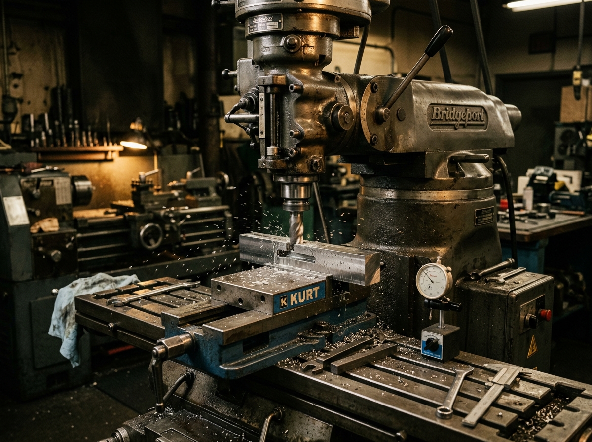 Conventional vertical turret milling machine cutting a keyway slot into a steel workpiece