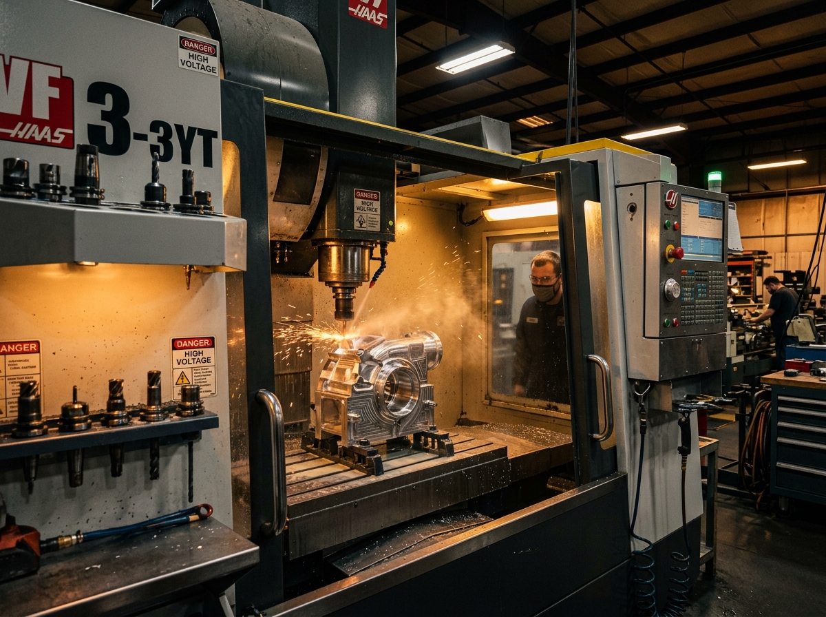VMC vertical machining centre cutting an aerospace component with sparks visible